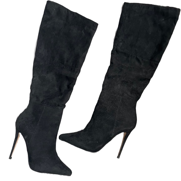 EXPRESS BLACK ASYMMETRICAL SHAFT SUEDE KNEE HIGH STILETTO BOOTS W/ POINTED TOE - Picture 2 of 8